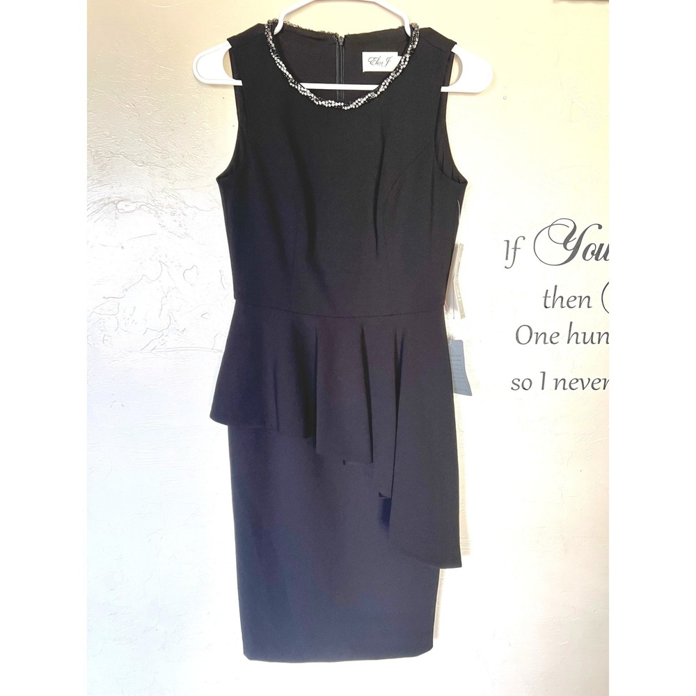 Eliza J Black Peplum Sheath Dress Rhinestone‎ Neckline LBD Classic Elegant NWT 2